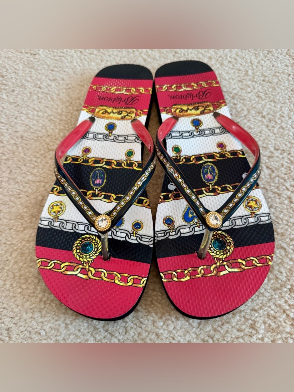 Brighton Love Flip Flops Jeweled Rhinestone Chain Resortwear Summer Size 10